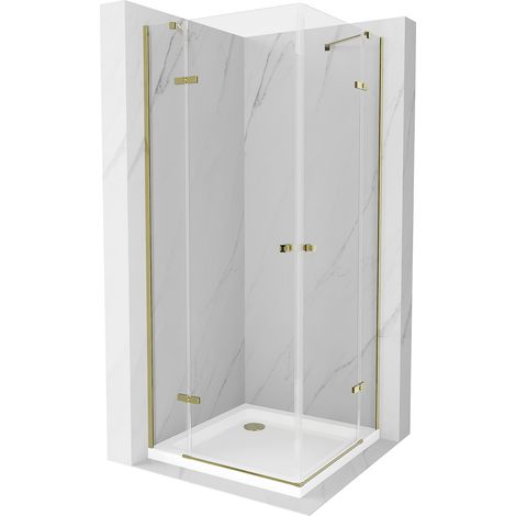 Mexen Roma Duo cabine de douche avec porte battante 90 x 90 cm, transparent, doré + receveur Flat - 854-090-090-50-02-4010G (1/5)