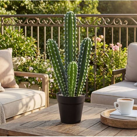 Plante artificielle cactus 13x13x53 cm en plastique vert, pot décoratif pour bureau – MEUBLIV (1/5)