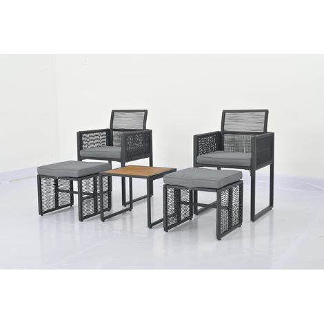 Ensemble de Meubles de Patio 5 Pièces, Salon de Jardin en Osier PE avec 2 Chaises 2 Poufs et 1 Table Basse en Bois d'Acacia Coussins Doux