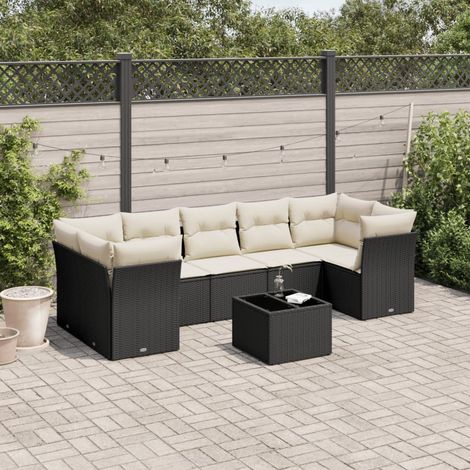 Ensemble Salon Jardin 8 Places Noir Résine Tressée avec Coussins Crème - Table Verre Trempé, Meuble Extérieur Modulaire (1/3)