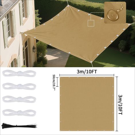 (Jaune sable 3x3M) Voile d'ombrage imperméable avec œillets, adaptée aux jardins et terrasses extérieures. (1/5)