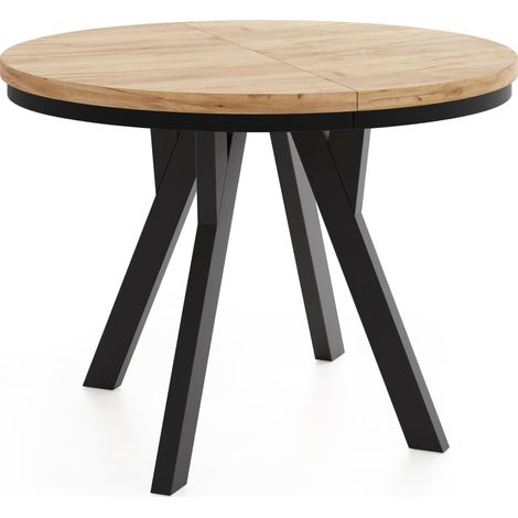 Runder Ausziehbarer Esstisch im Loft-Stil – Platzsparender Tisch für Wohnzimmer – mit Schwarzen Holzbeinen – Eiche Craft Braun – 100 bis 140 cm