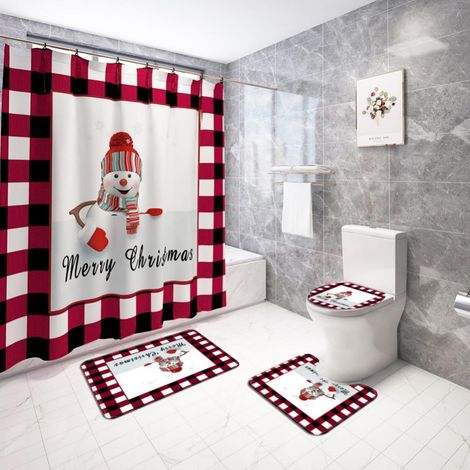 Rideau De Douche - Set De 4 Pièces Avec Tapis Anti-dérapant - Motif Bonhomme De Neige De Noël - 180 X 180 Cm - Polyester (1/5)