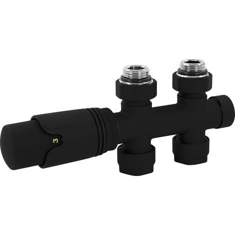 Multiblock Thermostatic Valve Set Black Floor Mount Passage Shape Bathroom Radiator Thermostat with Central Connection, Tap Block and Heating Valve Included (1/4)