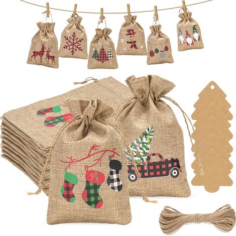 24PCS Sac Calendrier de l'Aven,Sachets en Jute pour Calendrier de l'Avent à Remplir,13x18cm Pochettes Jute avec 24 Étiquette Étiquettesen forme d'arbre de Noël+Ficelle (1/5)