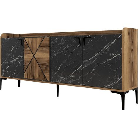 Cotecosy – Buffet moderne 4 portes en bois mélaminé noir effet marbre – Dimensions 180 x 35 x 78 cm – Design élégant pour rangement optimisé (1/5)