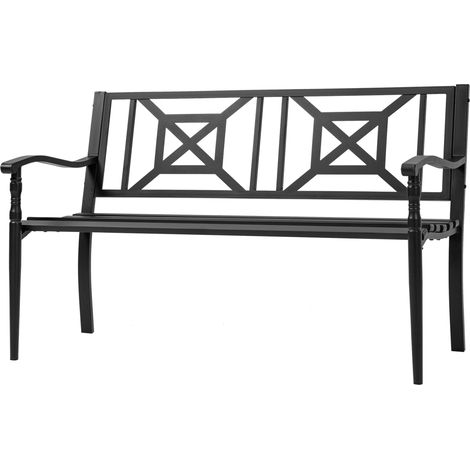 Outsunny Banc de jardin 2 places banquette extérieur terrasse patio dossier haut assise à lattes accoudoirs confortables acier 128 x 62,5 x 81,5 cm noir