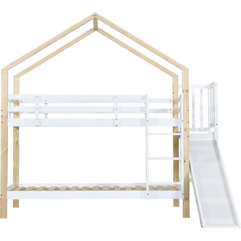 Litera cabana con tobogán, escalera de 3 peldaños, 90x200 cm, blanco y natural (1/5)