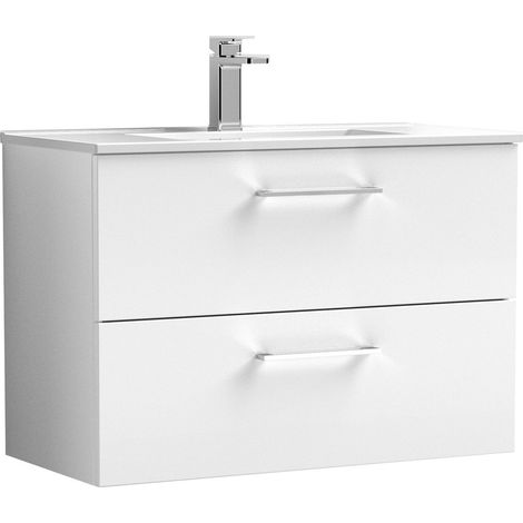 Balterley Modern Bathroom 2 Soft Close Drawer & Minimalist Wall Hung Vanity Unit Basin, Gloss White, 435mm