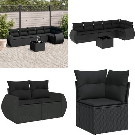 7-tlg. Garten-Sofagarnitur mit Kissen Schwarz Poly Rattan - Gartenmöbel Set - PE-Rattan Möbel - Outdoor Lounge - Esstisch Set - Balkonmöbel - Home & Living (1/5)