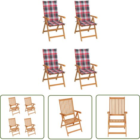 The Living Store Chaises de jardin lot de 4 et coussins à carreaux rouge Teck - Chaise De Jardin - Mobilier De Jardin - Chaise En Bois - Fauteuil De Jardin - Terrasse (1/5)