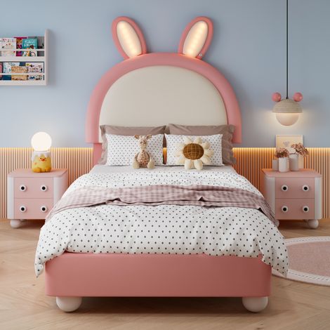 Lit enfant 90x200cm rose blanc, tête de lit lapin, LED, bordure anti-chocs, PU rembourré (1/5)