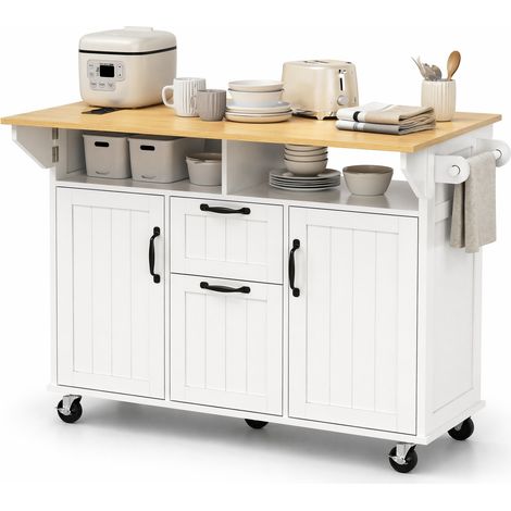 Îlot de cuisine à roulettes avec table rabattable, tiroirs, prises USB et plan de travail extensible 120 cm, blanc et bois clair pour cuisine et salle à manger  CHICFURN (1/5)