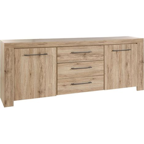 Buffet 2 portes 3 tiroirs finition chêne doré poignées métal gris - ELMER