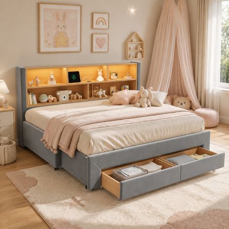 Lit banquette extensible 201x194x83 cm gris en velours avec tiroirs, LED et ports USB/USB-C (1/5)