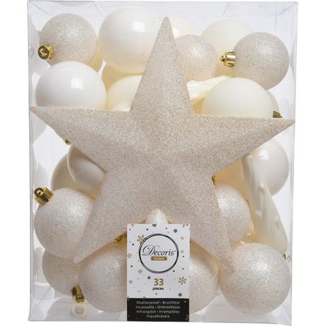 33 PALLINE DI NATALE+PUNTALE BIANCO LANA ASSORTITE