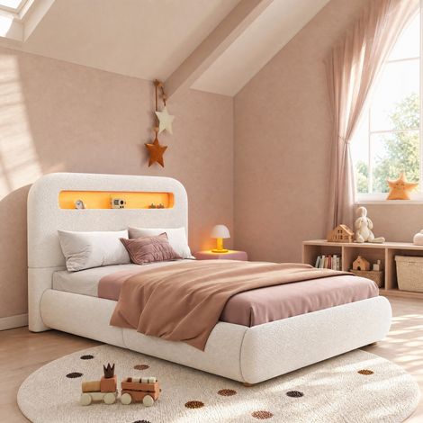 DESMIU Lit enfant 90 × 200 cm avec coffre hydraulique, LED, sans matelas, en bouclé blanc (1/5)