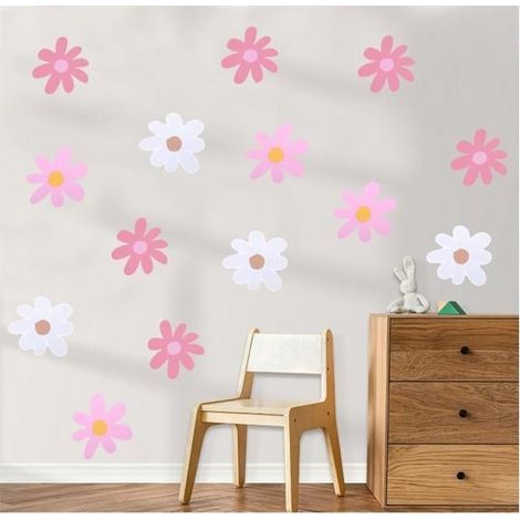 Set of 6 wall sticker sheets with daisy pattern for kids' room, bedroom, or classroom (pink and white)