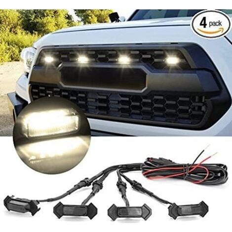 Lumières de calandre LED (4 pièces, coque noire avec lumière blanche chaude) avec faisceau et fusible pour calandre avant Toyota Tacoma TRD PRO 2016 2017 2018 (1/5)