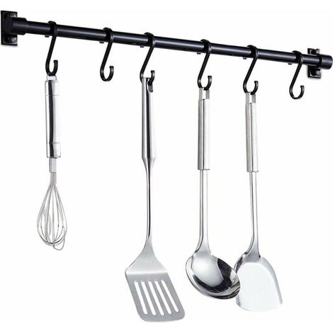 40 cm wall shelf for kitchen utensils - kitchen shelf with 6 removable hooks - wall-mounted door shelf for kitchen utensils (black) (1/5)