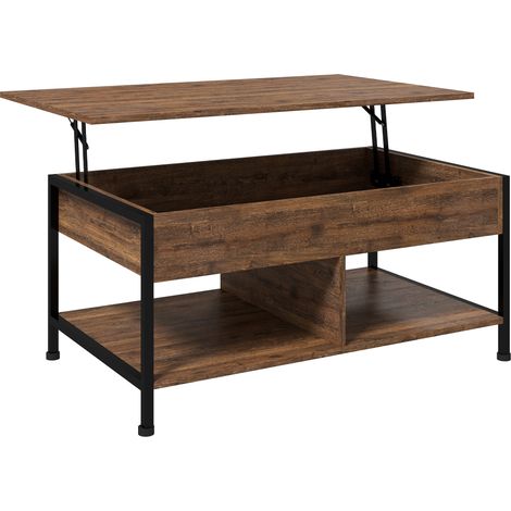 Mesa de centro ajustable Irovami, mesa de salón con compartimento oculto, 2 estantes inferiores, 100 x 80 x 60 cm, marrón rústico, negro