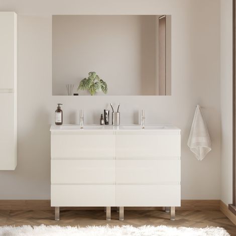 Meuble de salle de bain 120cm double vasque - 6 tiroirs - blanc brillant - MAYOR