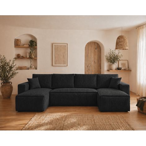 Canapé panoramique convertible AMBRI en velours côtelé – 6 places - 300 cm - Noir (1/5)