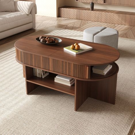 Table basse ovale avec rangement et poufs en tissu, 120 x 60 x 51,5 cm, noyer HAVRYA (1/5)