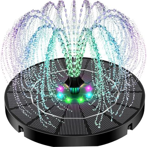 Fontana solare, fontana solare per abbeveratoi per uccelli, pompa nera da 3,5 W con luci LED colorate e ugelli intercambiabili — Per abbeveratoi per uccelli, giardini, laghetti e piscine