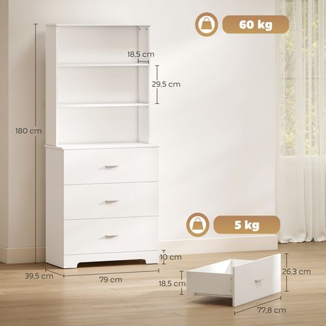 Bibliothèque haute, vitrine à 3 tiroirs et 3 étagères ouvertes, pour salon ou cuisine, 79 x 39,5 x 180 cm, blanche (1/5)