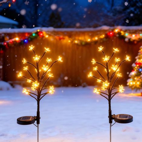 Lampe Solaire Exterieure Jardin, 2 Pièces Lumière Solaire Fleurs de Cerisier, LED Lumiere Solaire Étanche IP65, Décoration pour Chemins, Pelouse, Terrasse, Clôture, Fête, Mariage Noël