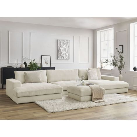 Bobochic – Canapé panoramique fixe 7 places – Velours côtelé beige – Structure en pin et hêtre – Confort moelleux avec coussins en silicone (1/5)