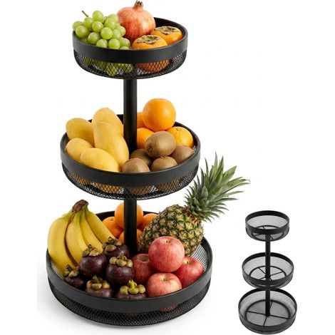 Porte-fruits à 3 Niveaux Panier de Fruits et Legumes Détachable Panier à Pain Porte-légumes Corbeille à Fruits, Panier pour Fruits Légumes Snacks Panier Rangement Cuisine Maison Bureau, Noir (1/5)