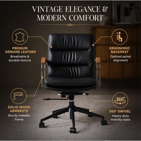Fauteuil de bureau en cuir avec accoudoirs en chêne, hauteur réglable et rotation 360° (1/5)