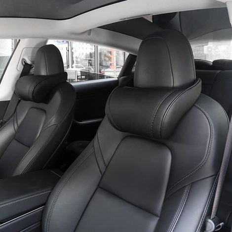 Lot de 2 - Coussin Appui-tête - Soutien Cervical - Cuir Noir - Ergonomique - Confort Conduite - Pour Tesla Model 3 Y S X - Noir - 25x15cm (1/5)