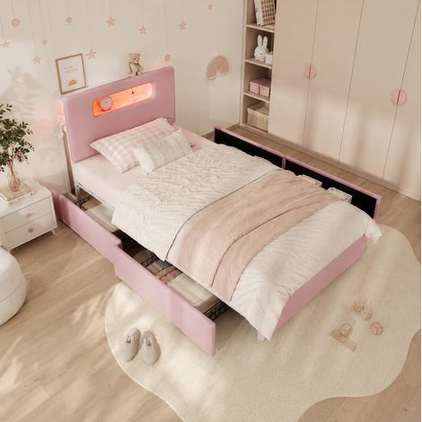 MODFU – Cama infantil 90x200 cm de terciopelo con LED por app, 4 cajones, cabecero curvado y nicho abierto – Rosa (1/5)