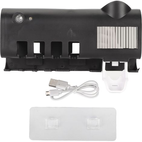 Porte-brosse à dents 4 emplacements, nettoyage intelligent, sans perçage mural, brosse à dents nettoyante avec presse-tube de dentifrice, bouton noir (1/5)