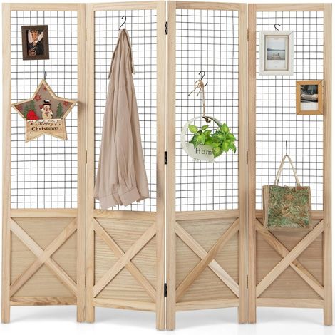 Paravento a griglia 4 pannelli con schermo privacy pieghevole, Divisore decorativo in legno Naturale (1/3)