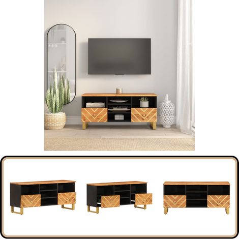 Meuble TV marron et noir 100x33,5x46 cm bois massif de manguier - Meuble Tv - Meuble Televison - Meuble Salon - Meuble Multimedia - Rangement Tv (1/5)