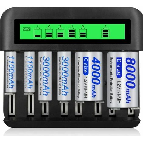 Lntyq 8 Emplacements Rapide LED Chargeur de Piles Universel,Chargeur Piles pour AA/AAA/C/D NI-MH NI-CD Piles Rechargeables avec Port USB