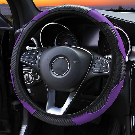 ZASCHMOY Couverture DE VELLEUR DE Commande DE 38 Cm pour la Voiture - Sleette DE Poignée élastique DE Style en Fibre DE Carbone avec en Cuir PU en Microfibre PU Respirant Noir (Violet Noir) (1/2)