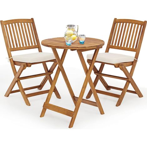 GOPLUS 3PCs Salon de Jardin Pliant-2 Chaises+1 Table+2 Coussins en Bois d'Acacia-Table et Chaise pour Jardin/Terrasse Beige (1/5)