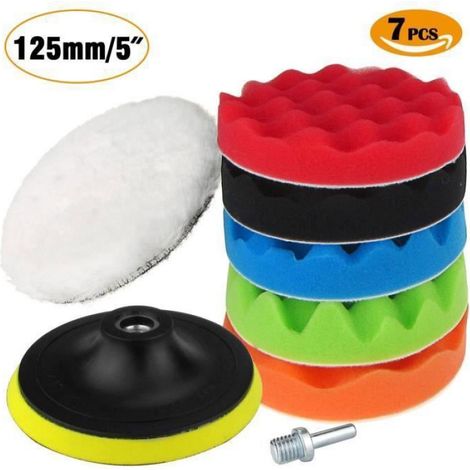 Éponge de Polissage - 125 mm - Adaptateur M10 - Pour Polisseuse Électrique ou Pneumatique - 5 Pièces Éponge + 1 Tampon Laine + 1 Adaptateur - Kit Complet (1/4)