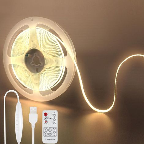 Striscia LED COB 5V USB con telecomando e dimmer, 5 m, bianco caldo 3000K, 320 LED/m, larghezza 8 mm, impermeabile IP20 (non impermeabile), cavo di commutazione USB da 1,5 m, per decorazioni interne e (1/5)
