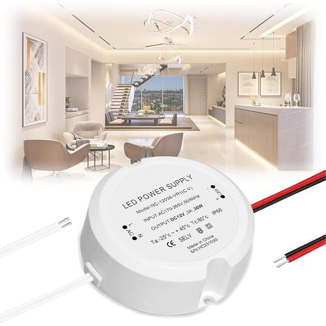 LED Transformer 12 V 36 W 3 A, IP66, 230 V 12 V Constant Voltage Adapter, Waterproof Transformer, Round, for LED Strip, Spotlights, Outdoor Lighting (1/5)