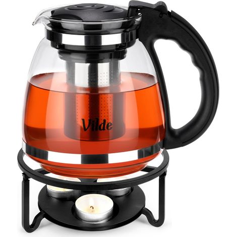 Teiera in vetro resistente al calore con infusore e scaldavivande da 1,5 l (1/5)