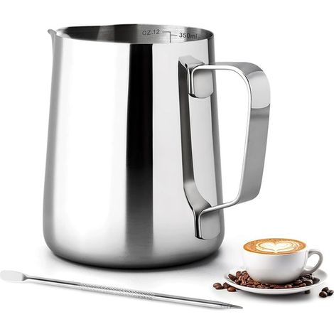 Pot à Lait - 350ml Café au Lait Cappuccino Pichet a Lait Inox pour Faire Mousser le Lait avec Stylo Décoratif pour le Café la Mousse de Lait (1/5)