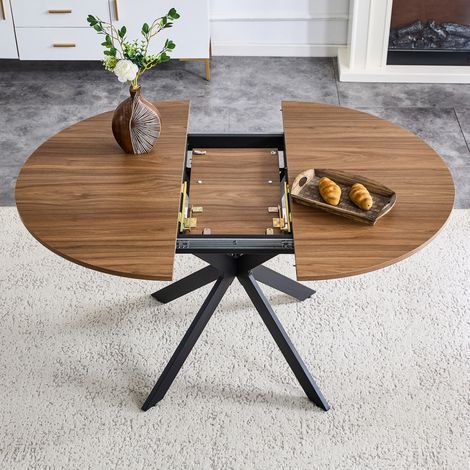 Tavolo da pranzo allungabile rotondo/ovale per 4-6 persone, in MDF effetto noce e metallo nero