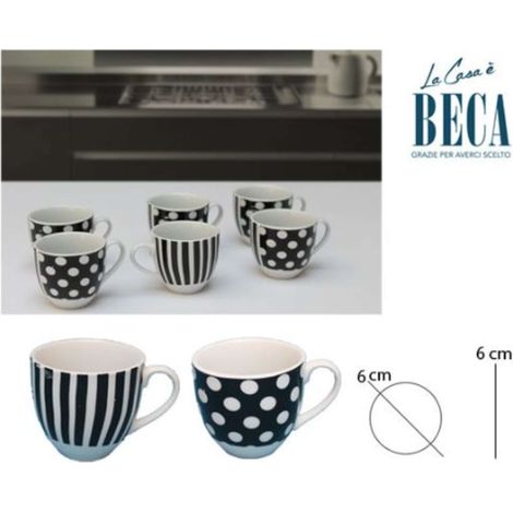 Set 6 Tazzine Tazze caffe' senza piattini Pois Neri e righe nere