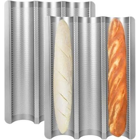 Moule à baguettes antiadhésif, lot de 2 pour 3 baguettes, 38 x 28 cm, moule argenté pour in français, cadeau idéal pour les amateurs de pâtisserie. (1/5)